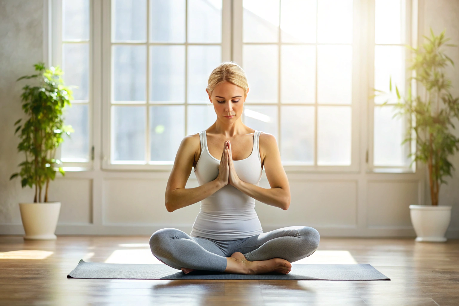 A person in a peaceful yoga pose, such as a simple cross-legged seated position with hands resting on knees, in a neutral and serene environment with soft natural light, no text or identifiable elements