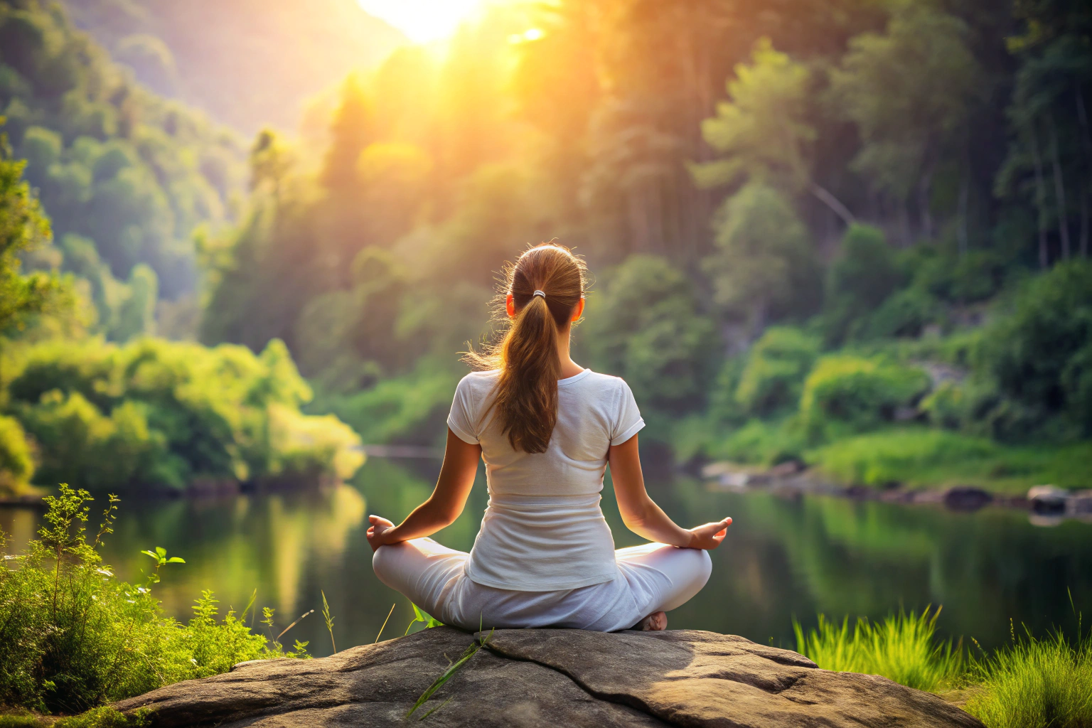 Eine Person sitzt in Meditationshaltung, atmet tief ein, umgeben von einer ruhigen, natürlichen Umgebung ohne erkennbare Symbole oder Text