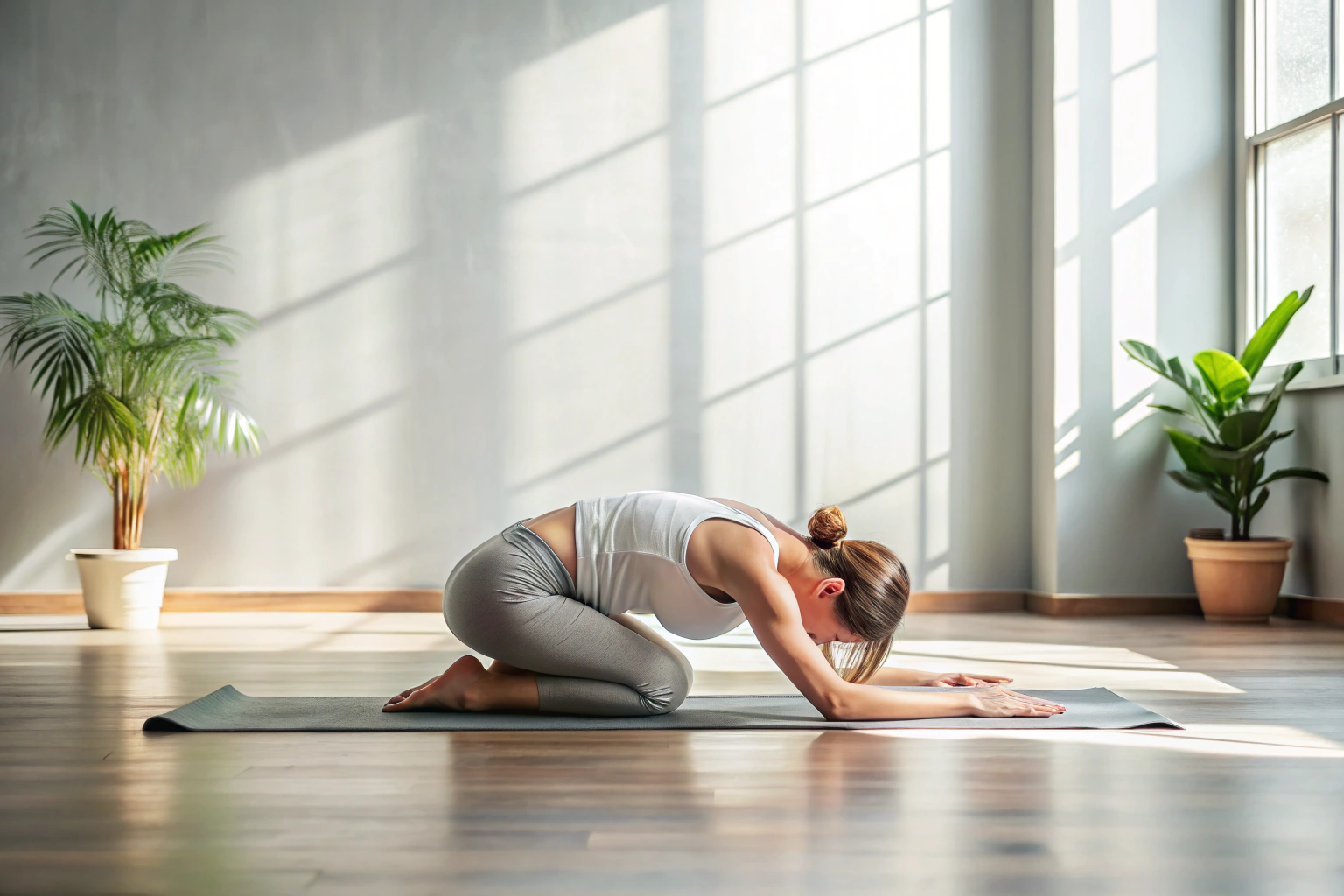 A person in a calming yoga pose, such as childs pose, in a minimalist room with soft natural light, conveying peace and relaxation without any text or symbols